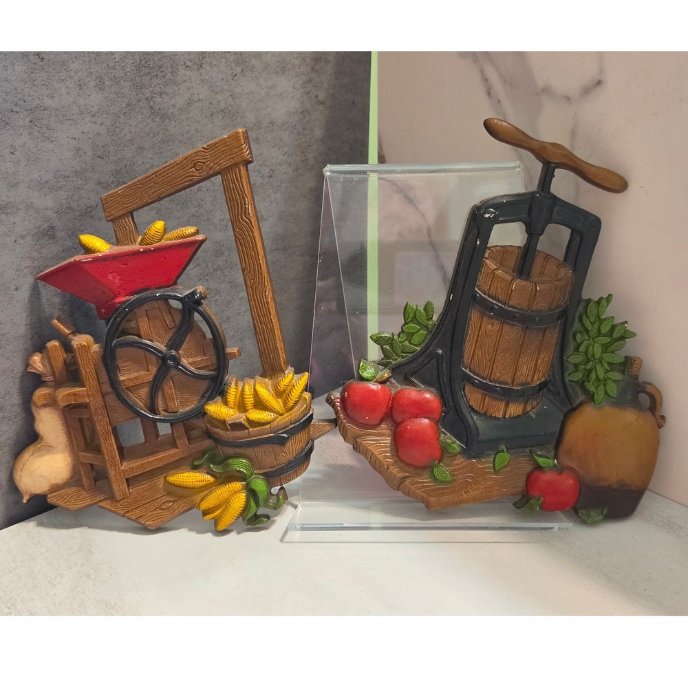 Vintage Homco 1978 Wall Plaques Apple Cider Press & Corn Grinder 1978